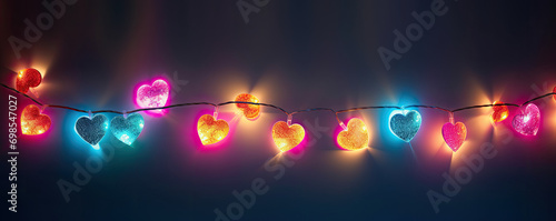Fairy lights with colorful hearts photo