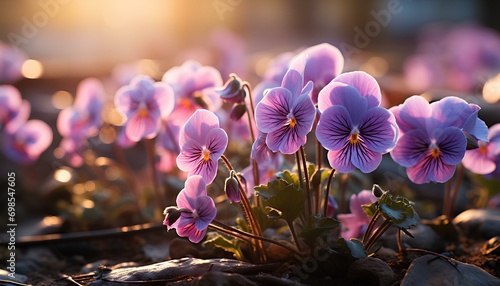 purple crocus flowers. pansy flower bed. pansy flower closeup. pansy flower field. colourful flowers in the sun. spring time flowers. winter time flowers photo