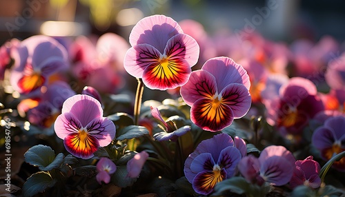 pansy flower bed. pansy flower closeup. pansy flower field. colourful flowers in the sun. spring time flowers. winter time flowers