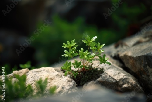 Young developing plant growing on rocky surface