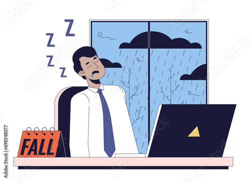 SAD fatigue workplace line cartoon flat illustration. Sluggish tired employee male 2D lineart character isolated on white background. Seasonal affective disorder symptom scene vector color image