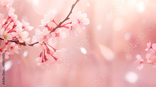 Scattered pink cherry blossoms on blurred soft pink background with bokeh effect with feeding flower leaves. Banner for cosmetic products. Japanese Hanami holiday of sakura blossoms. Relaxation.Banner