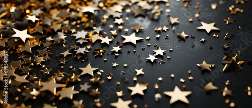 Black wall is decorated with twinkling gold stars. New Year on a golden background