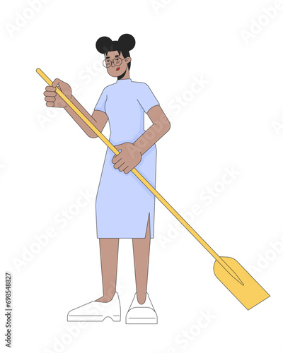 Formal wear black young woman holding paddle 2D linear cartoon character. African american female isolated line vector person white background. Water activity rowing color flat spot illustration