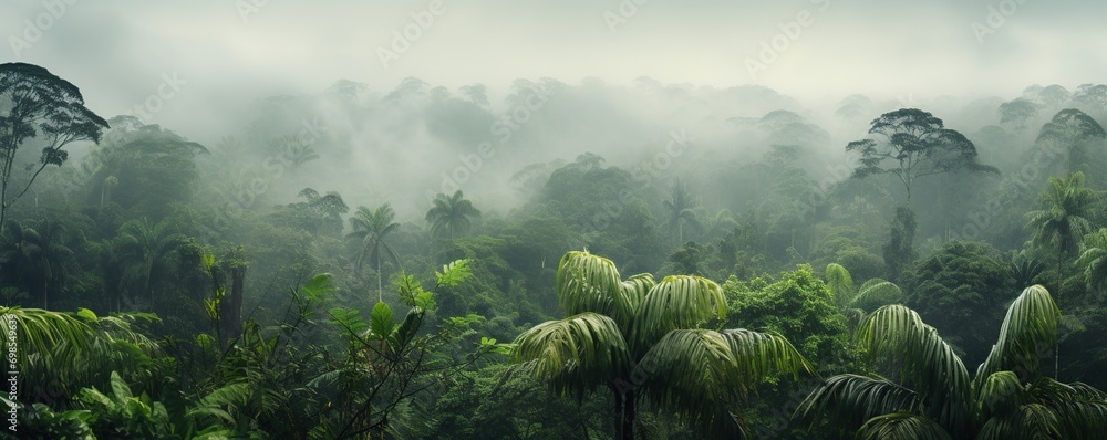 Obraz na płótnie view of tropical forest with fog in the morning during the rainy season	
 w salonie