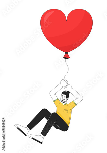 Caucasian adult man flying with balloon in hands 2D linear cartoon character. Heart shaped baloon european male isolated line vector person white background. Dreamy color flat spot illustration