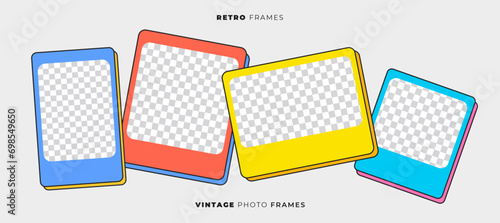 Retro Polaroid Photo Frames. Brutalism Colorful Photo Mockups with Media Placeholders. Vintage Frame Cards. Vector Illustrations.