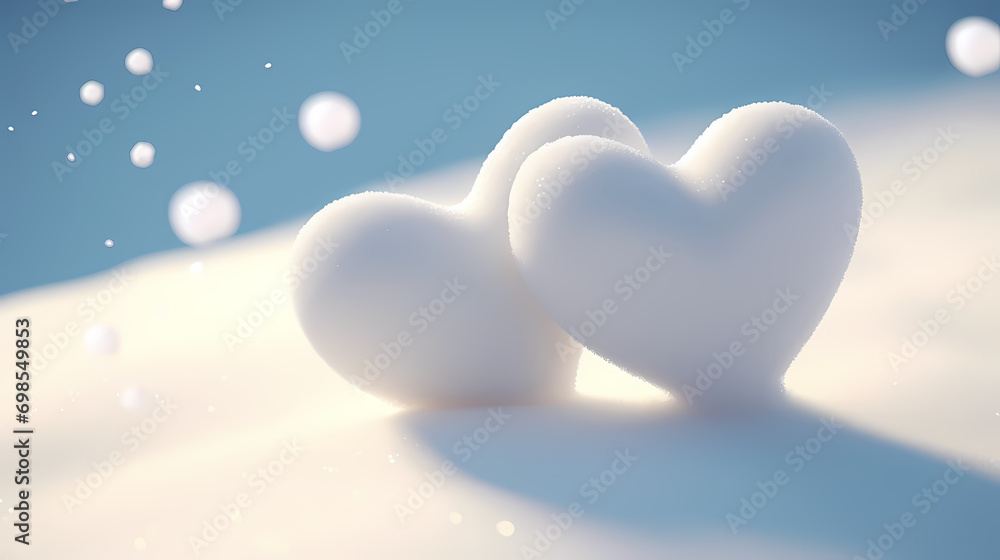 Fototapeta premium Two white hearts on snowdrift, love and outdoors concept, Valentine's Day background 