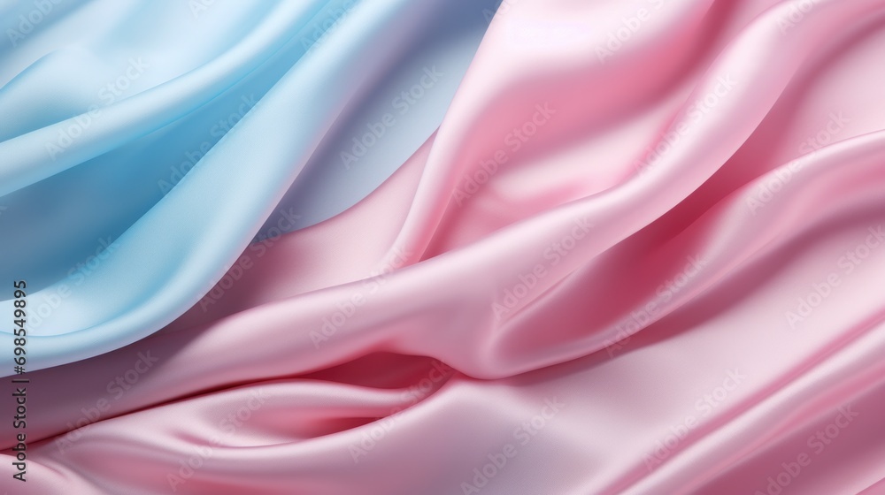 Obraz premium Smooth folds of satin undulate in a dance of pastel pink and baby blue under soft lighting.