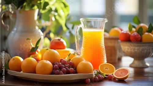 A pitcher of fresh orange juice stands amidst a feast of colorful fruits on a bright kitchen counter.
