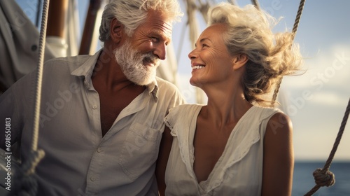 Older couple shares a tender look on a boat the ocean