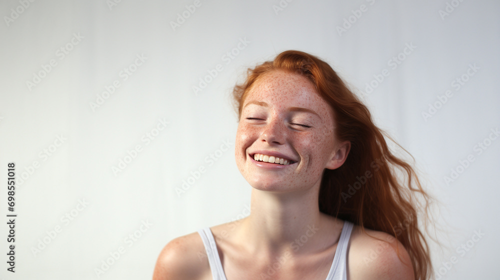 Young redhead girl smiling with eyes closed