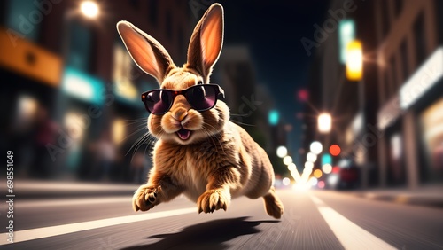 Easter bunny action running extremely fast on busy city street. City at night. Generative AI.  photo
