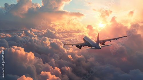 Commercial airplane jetliner flying above dramatic clouds in beautiful sunset light