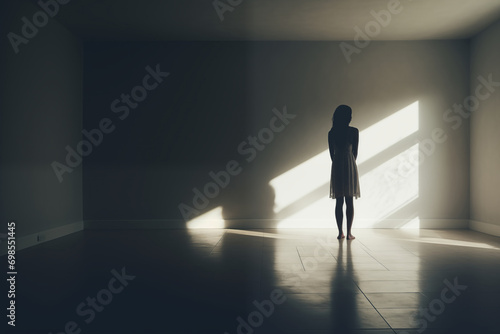 The silhouette of a lonely girl in an empty dark room.
