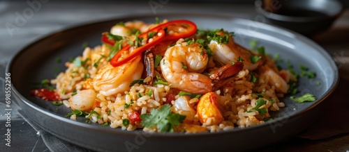 Seafood fried rice with shrimp and squid in a spicy sauce, served on a gray plate.