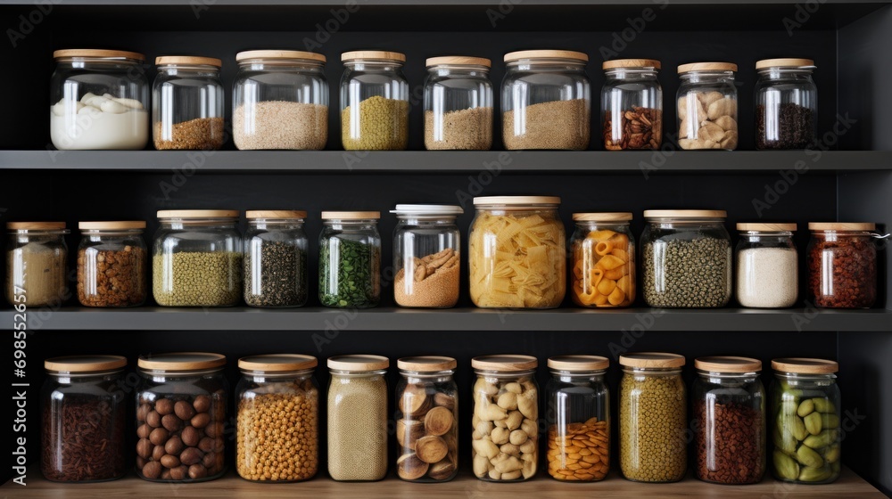 A neatly arranged pantry with transparent containers displays an assortment of grains and snacks.