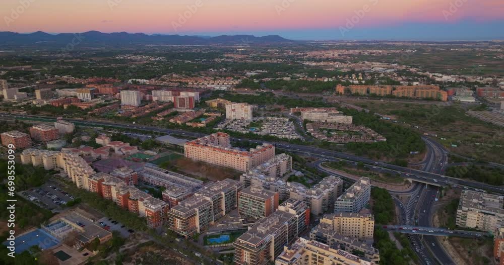 Establishing shot Valencia Spain. Drone flying over the city. Drone view of one of the areas of the city of Valencia Establishing shot Valencia Spain. Drone flying over the city. Drone view of one of the areas of the city of Valencia