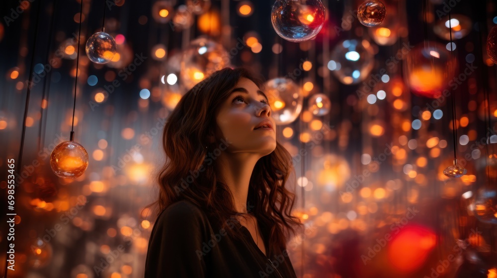 Surrounded by a kaleidoscope of hanging lights, a woman gazes upward in wonder. Surrounded by a kaleidoscope of hanging lights, a woman gazes upward in wonder.