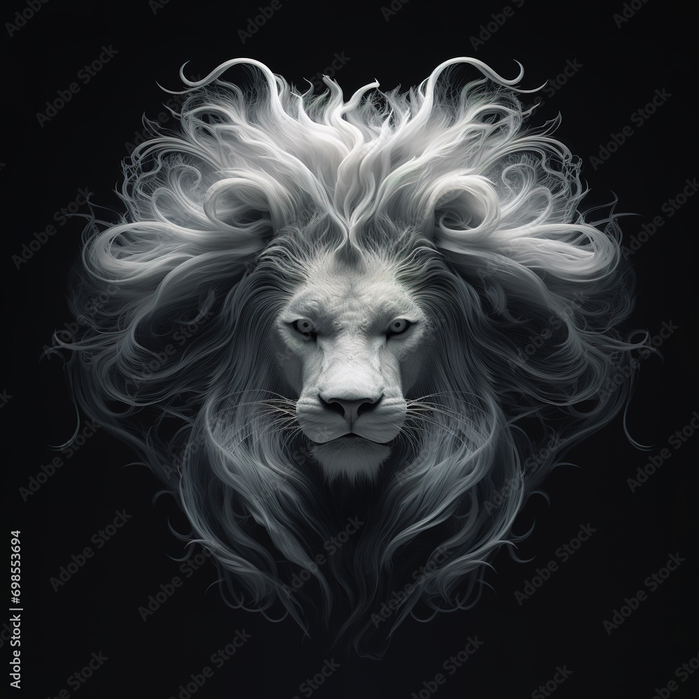 The head of a male lion has a long, beautiful mane of fur on black background, Mammals, Wildlife Animals. Illustration, Generative AI. The head of a male lion has a long, beautiful mane of fur on black background, Mammals, Wildlife Animals. Illustration, Generative AI.