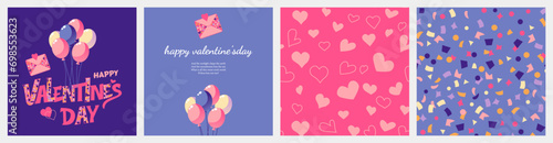 Valentine’s Day handwritten calligraphy designs, balloons, hearts, envelopes, and seamless patterns of hearts and colorful confetti make up a set of greeting cards