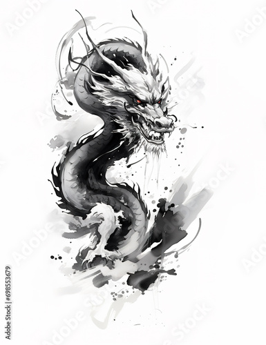Dragon watercolor painting with black ink on white background traditional Chinese style. Mythical creatures, Ancient animals. Illustration, Generative AI.