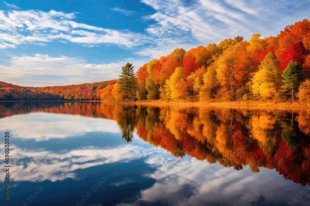 Obraz premium Autumn Reflection In Lake Presents Perfect Reflection Of Fall Colors In Still Water
