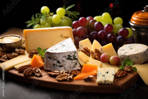 An Exquisite Assortment Of Fine Cheeses, Accompanied By Grapes And Nuts On A Slate Board