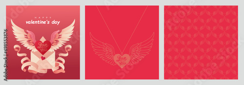 Valentine’s Day card set design: A heart with wings flies out from an envelope surrounded by ribbons, heart necklace pattern, and seamless heart pattern design