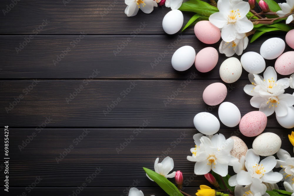 Easter Themed Background: Eggs, Spring Flowers, And Vibrant Seasonal Elements