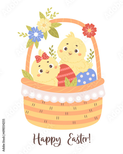 Cute little chick in Easter basket with paschal eggs and flowers. Happy Easter Holiday card. Vector illustration. Kids collection.