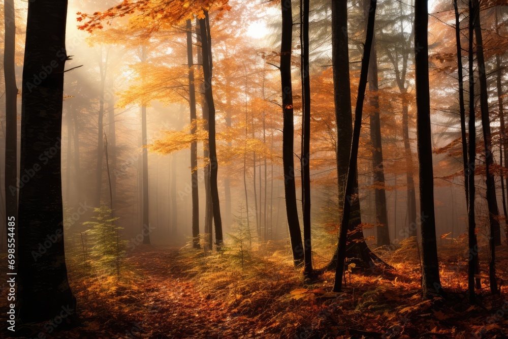 Fototapeta premium Fall Fog In Forest Offers Mystical View Of Forest Shrouded In Autumn Fog