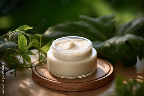 Open jar of cream on a stack of wooden coasters with green sprigs in the background on a white surface.