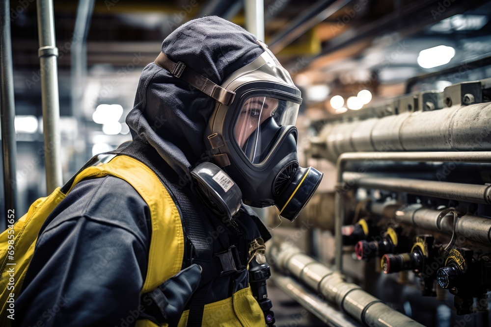 Naklejka premium Technologist Wearing Gas Mask Inspects Major Industrial Gas Leak