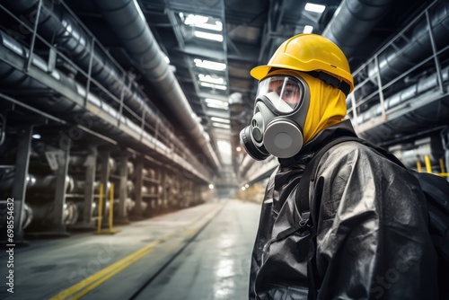 Gas Maskwearing Technologist Inspecting Large Industrial Gas Leak