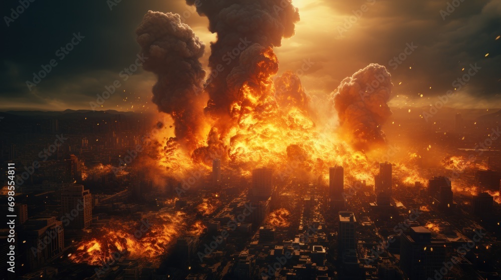 Massive explosion rocks a cityscape, engulfing buildings in flames.