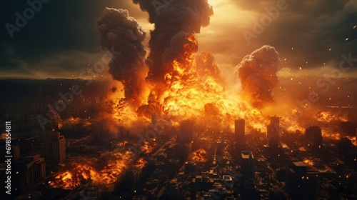 Massive explosion rocks a cityscape, engulfing buildings in flames.