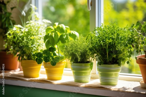 Herb Garden Kitchen, Pots Of Fresh Herbs On Sunny Kitchen Windowsill