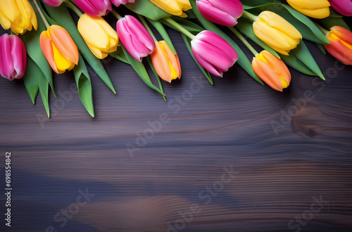 colorful tulips with wooden background  top view  in the style of dark gray and light amber  yellow and pink