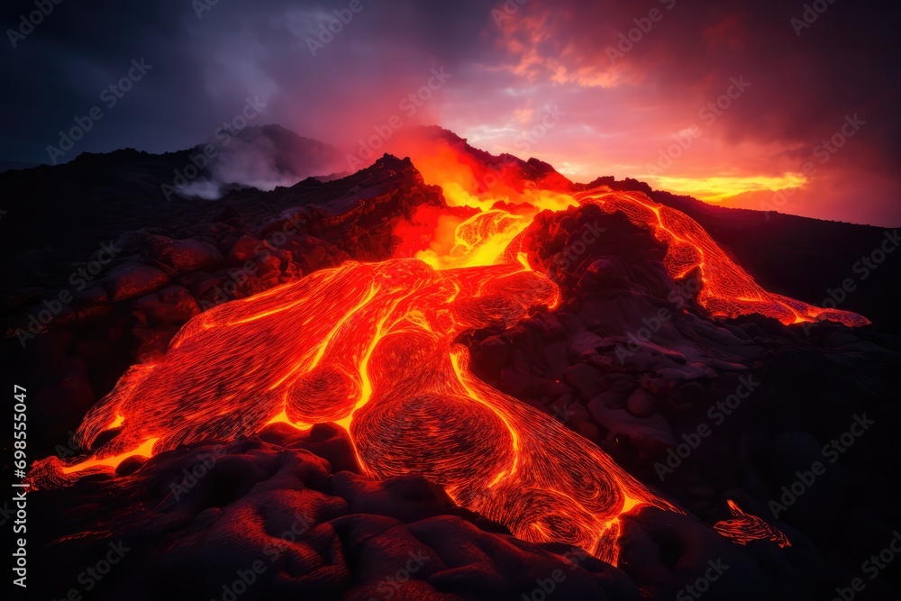 Glowing Molten Lava: Spectacle Of Flowing Volcanic Activity