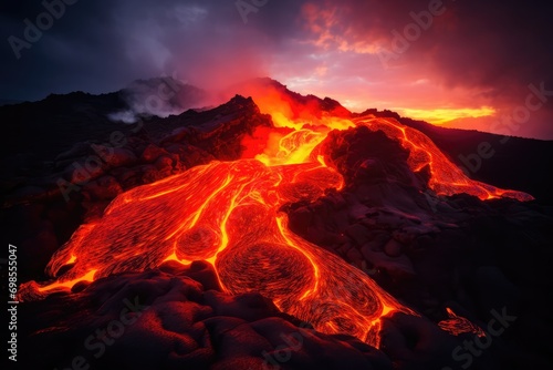 Glowing Molten Lava: Spectacle Of Flowing Volcanic Activity © Anastasiia