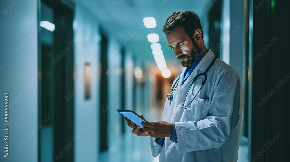Doctor Using Digital Tablet While Standing In Hospital Corridor Doctor Using Digital Tablet While Standing In Hospital Corridor