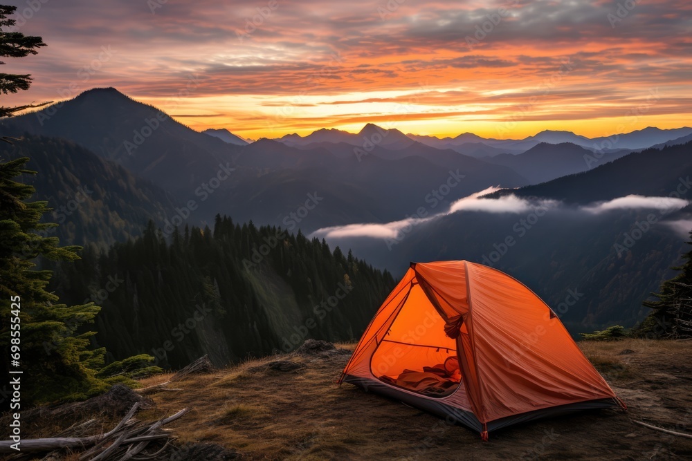 Dusk Adventure: Peachy-Orange Tent In A Scenic Landscape For Backpacking