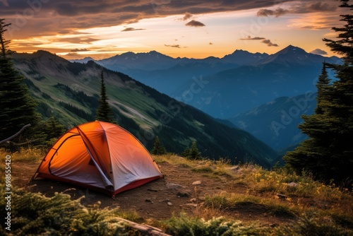Spectacular Sunset Camping Adventure With A Peachy Orange Tent In Scenic Landscape © Anastasiia