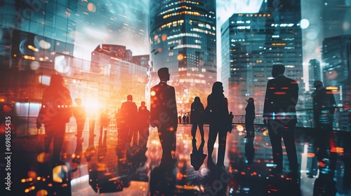 Double exposure image of many business people conference group meeting on city office building in background showing partnership success of business deal. Concept of teamwork