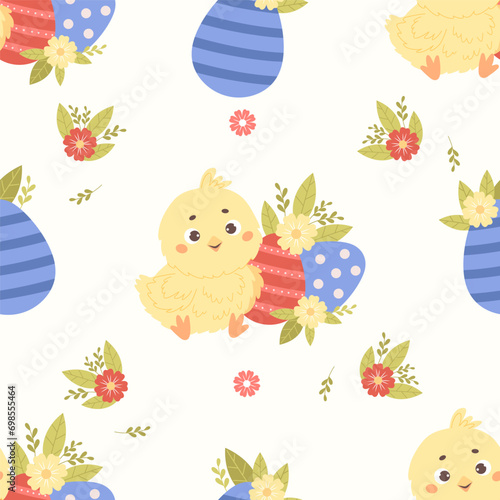 Seamless Easter pattern. Cute little chick with paschal egg and flowers on white background. Vector illustration for design, wallpaper, packaging, textile. Kids collection.