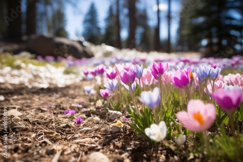 Springtime Blooms At Foot Level Displays Flowers From The Perspective Of The Ground