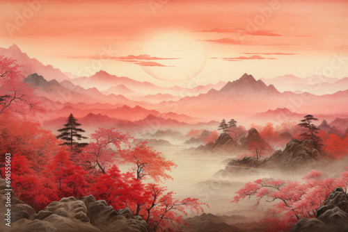 Stunning Red Landscape Painting With Hills And Trees In Chinese And Japanese Styles