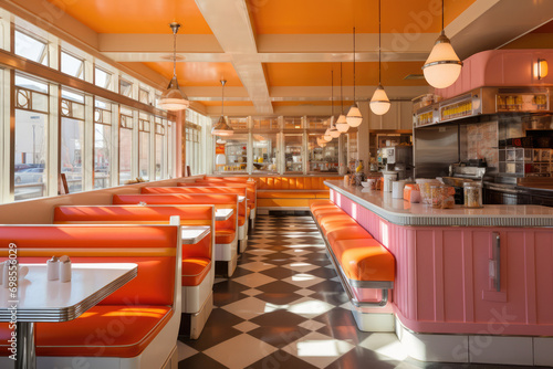 Vintage Eatery With Peachyorange Booths And Decor For Retro Diner