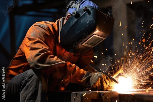 Welder At Work With Sparks Flying For Welding Sparks